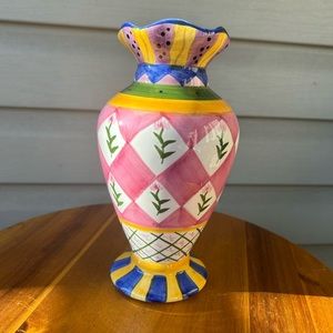 Milson and Louis Hand Painted Whimsical Florals & Stripes Ceramic Vase 9”